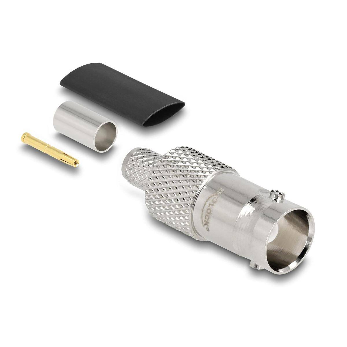 Ein metallischer BNC-Stecker mit einer zylindrischen Form, zusammen mit einem goldenen Anschlusspin, einer schwarzen Schutzmanschette und einem kleinen silbernen Rohr.