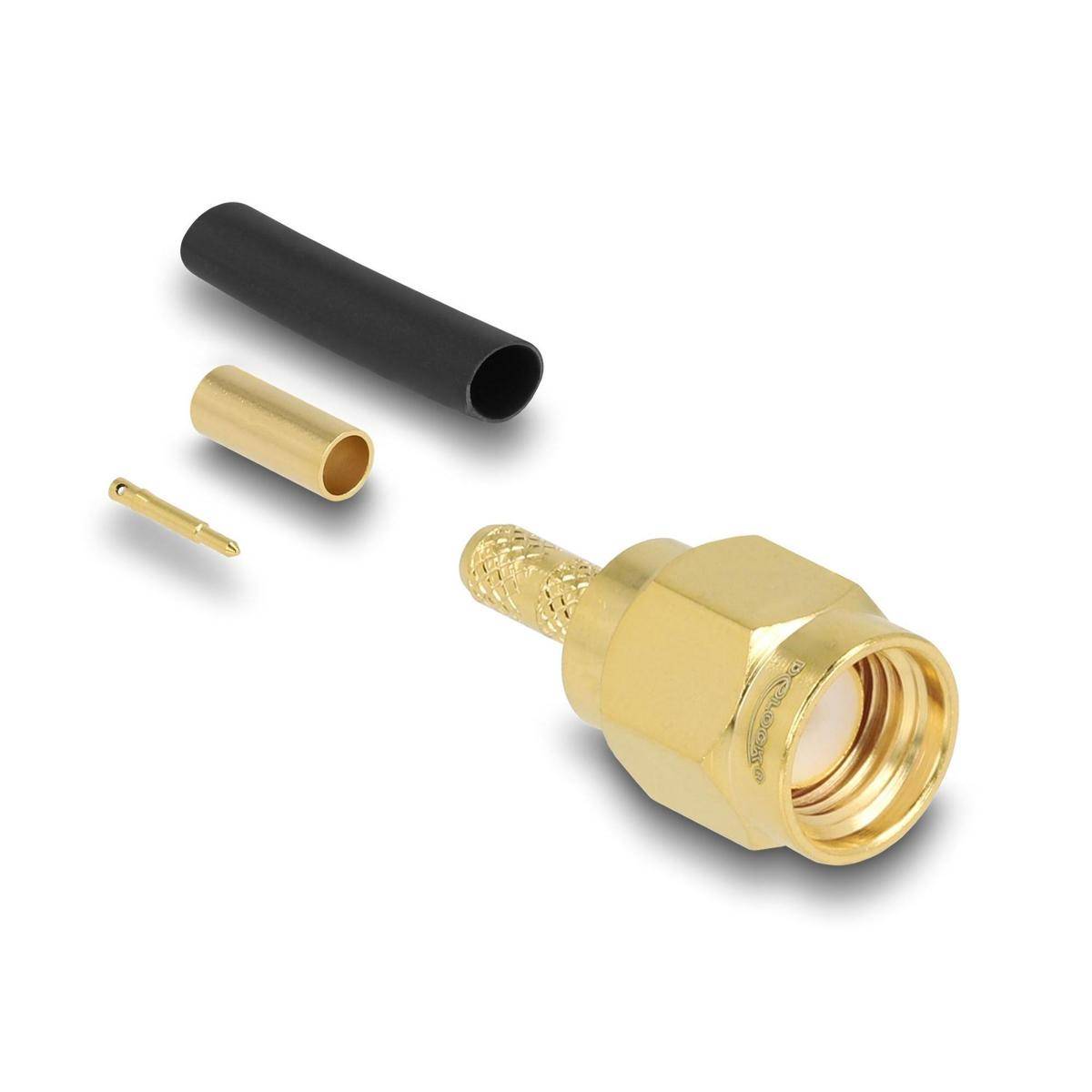 Gold RF Koaxialstecker mit separatem schwarzem Schrumpfschlauch, Metallhülse und Pin, verwendet für Kabelendbearbeitung oder -reparatur.