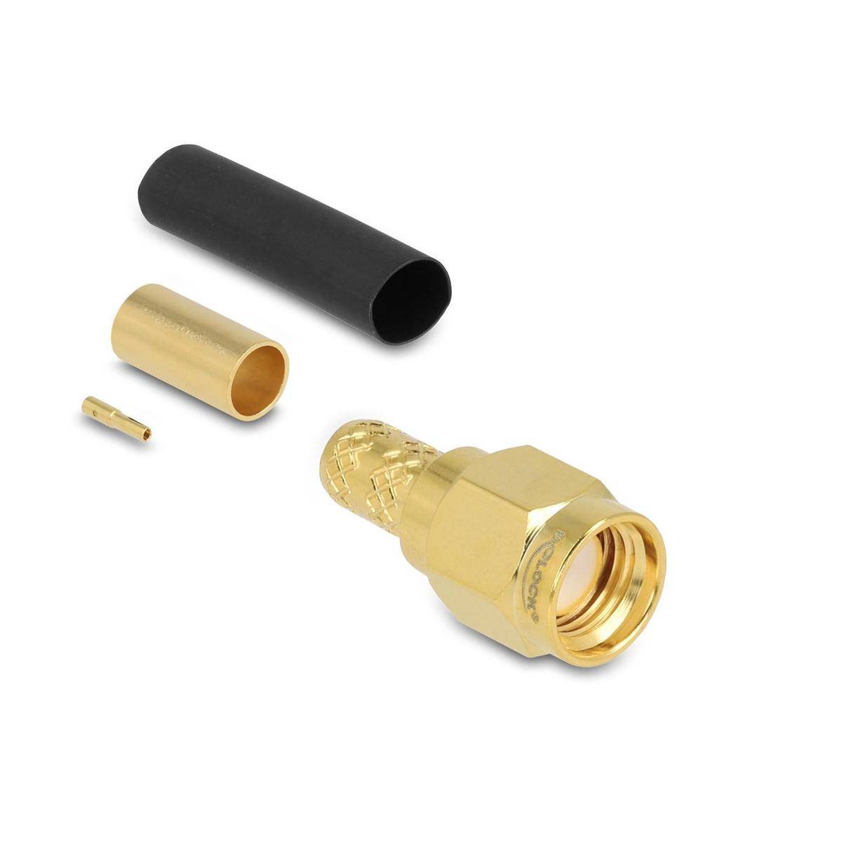 Goldfarben-Koaxial-Anschluss-Set mit vier Teilen: ein Hauptanschluss, schwarze Hülse, metallischer Einsatz und Stift, in zerlegter Ansicht.