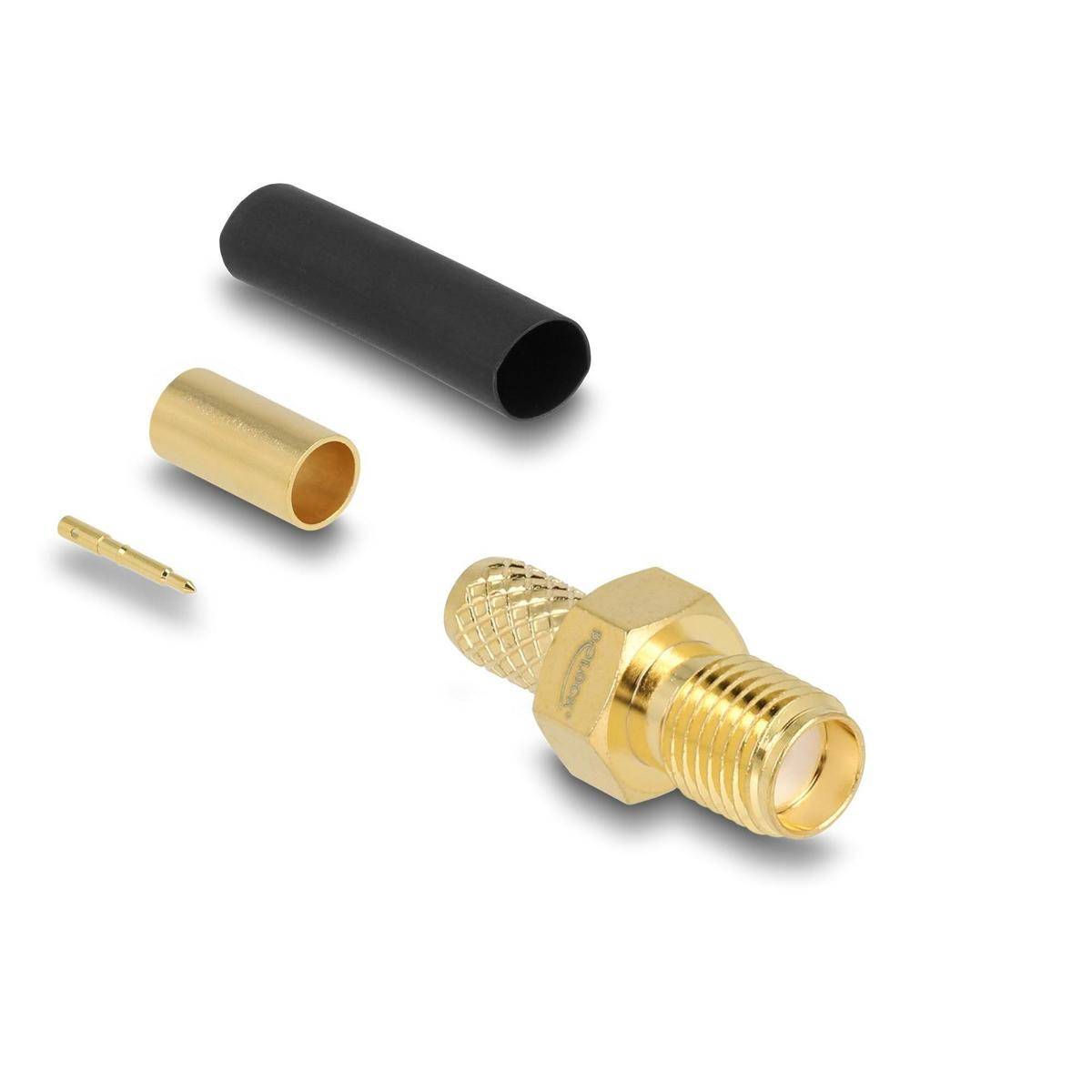 Ein Koaxialkabel-Anschluss-Set mit einem vergoldeten SMA-Stecker, einem schwarzen Schrumpfschlauch und zusätzlichen Bauteilen für den Zusammenbau.