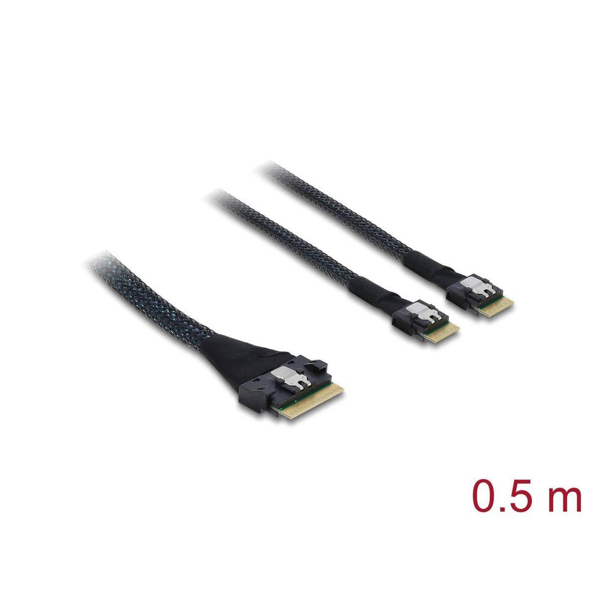 Drei schwarze geflochtene SATA-Kabel mit Anschlüssen, aus verschiedenen Winkeln gezeigt. Roter Text zeigt '0,5 m' als Länge an.