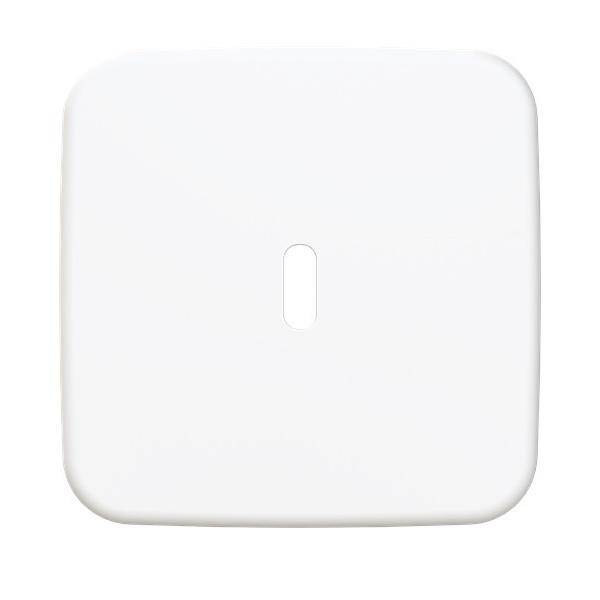 Ein weißer, quadratischer Kunststoffschalter mit abgerundeten Kanten und einem kleinen rechteckigen Knopf in der Mitte, vor einem schlichten Hintergrund.