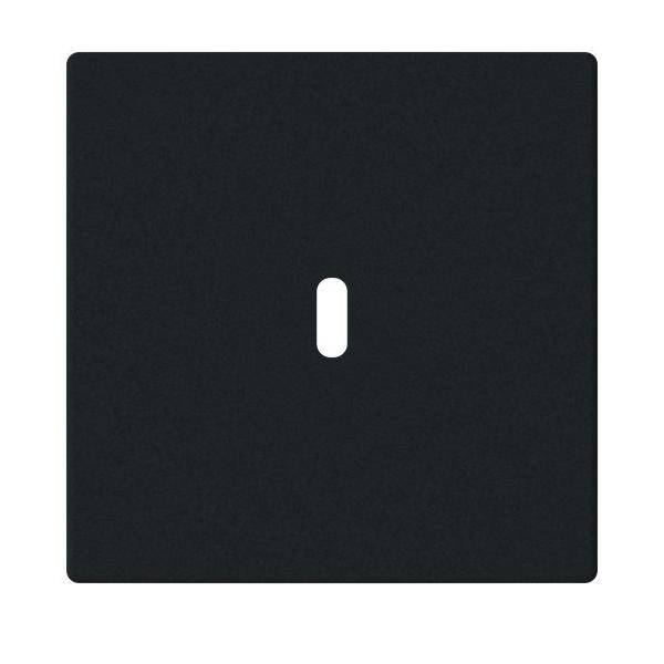 Ein quadratischer schwarzer Kippschalter auf weißem Hintergrund, der sich in der 'Aus'-Position befindet.