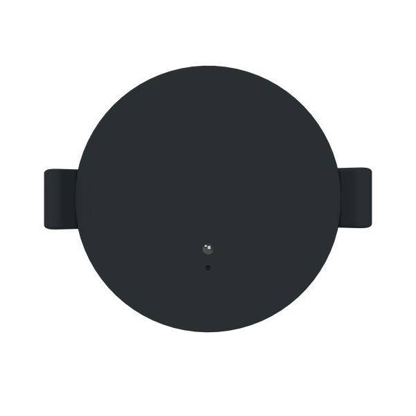 Ein schwarzes kreisförmiges elektronisches Gerät mit zwei seitlichen Riemen und einer kleinen Anzeigelampe an der Vorderseite, von oben betrachtet.