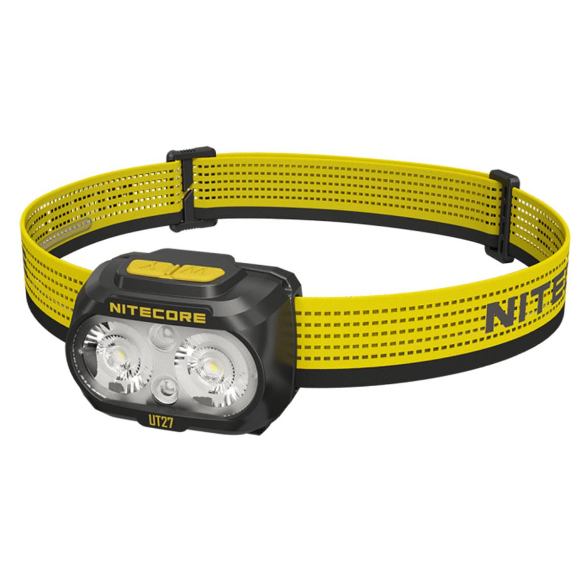 Nitecore UT27 Stirnlampe mit dualen LED-Leuchten und verstellbarem gelbem Kopfband, entwickelt für den Outdoor-Einsatz.
