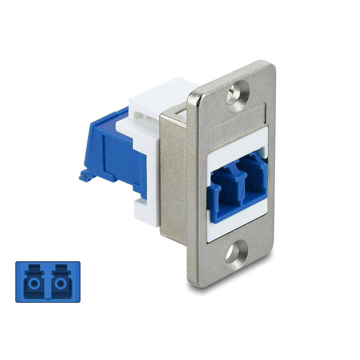LC Duplex XLR-Verbindungsstück Singlemode 9/125' zeigt einen blauen und weißen Glasfaserverbinder mit einer Metallbefestigungsplatte für Paneelintegration.