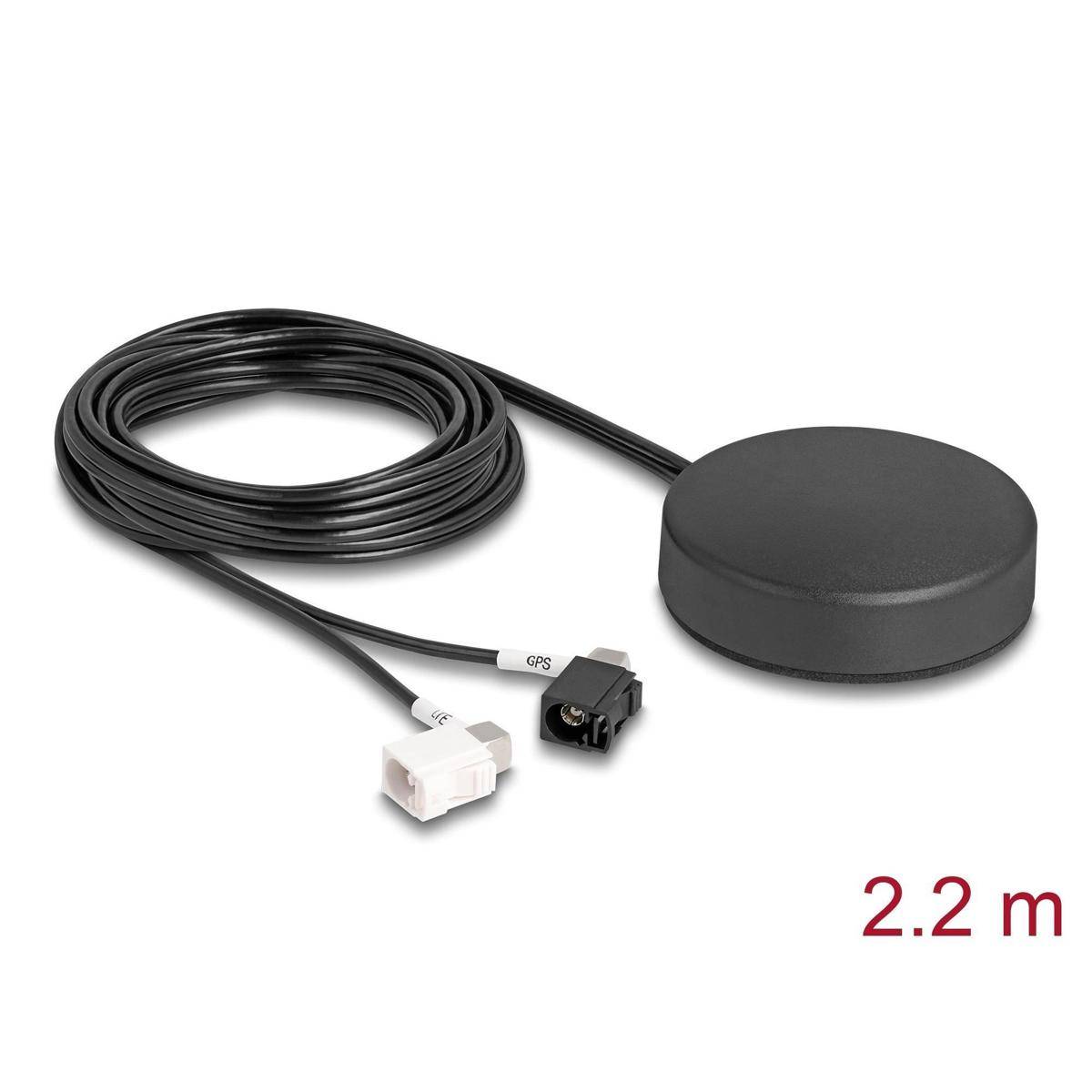 Eine schwarze GPS-Antenne mit einem langen Kabel und zwei Anschlüssen, die als GPS und 2G/3G gekennzeichnet sind. Die Kabellänge ist mit 2,2 Metern markiert.