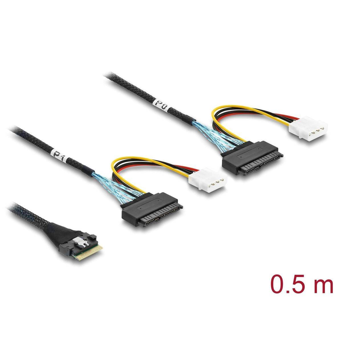 SATA-Netzkabel, 0,5 Meter, mit schwarzer geflochtener Ummantelung, zwei 15-poligen Anschlüssen und zwei weißen 4-poligen Molex-Steckern, auf weißem Hintergrund.