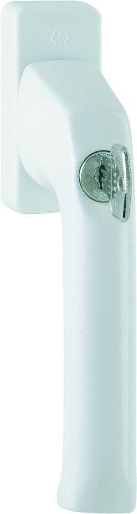 Weißer, moderner Türgriff mit einem Schlüsselloch direkt darüber, das auf eine sichere Sperrfunktion hindeutet.