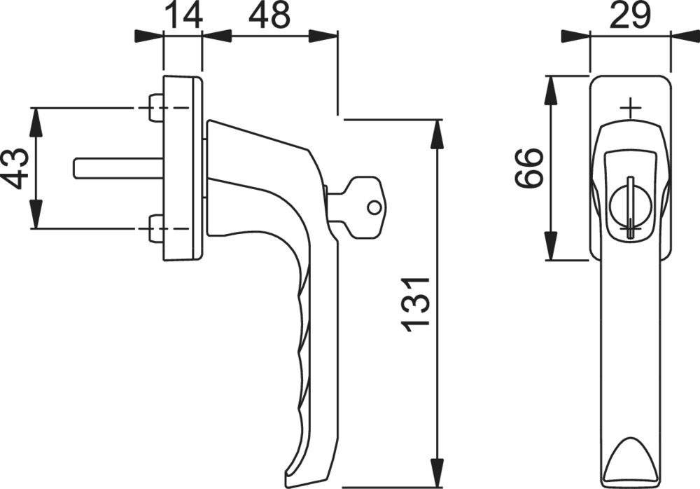 Strichzeichnung einer Türklinke mit Maßen: Länge 131mm, Höhe 66mm, Basisbreite 48mm, Basistiefe 14mm.
