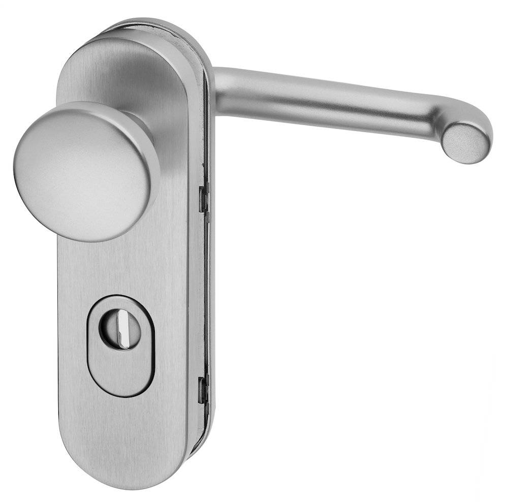 Silberner Türgriff mit rundem Knopf und Schlüsselloch.