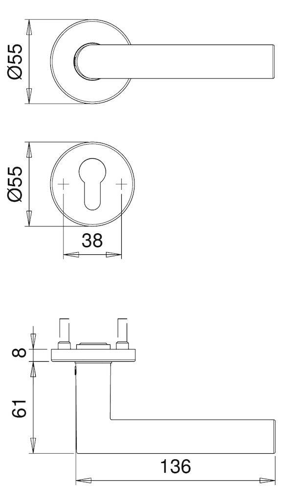 Technische Zeichnung einer Schlüssellochrosette mit Abmessungen: 55mm Durchmesser, 38mm Schlüssellochbreite und 8mm Dicke.