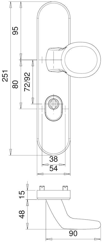 Technische Zeichnung eines Türgriffs mit genauen Abmessungen in Millimetern. Die Abmessungen umfassen Längen, Breiten und Positionen der Bohrungen.