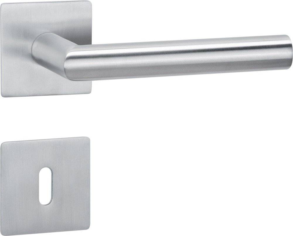 Edelstahlgriff für Tür mit modernem, elegantem Design, montiert auf einer glatten rechteckigen Grundplatte mit Schlüsselloch-Öffnung.