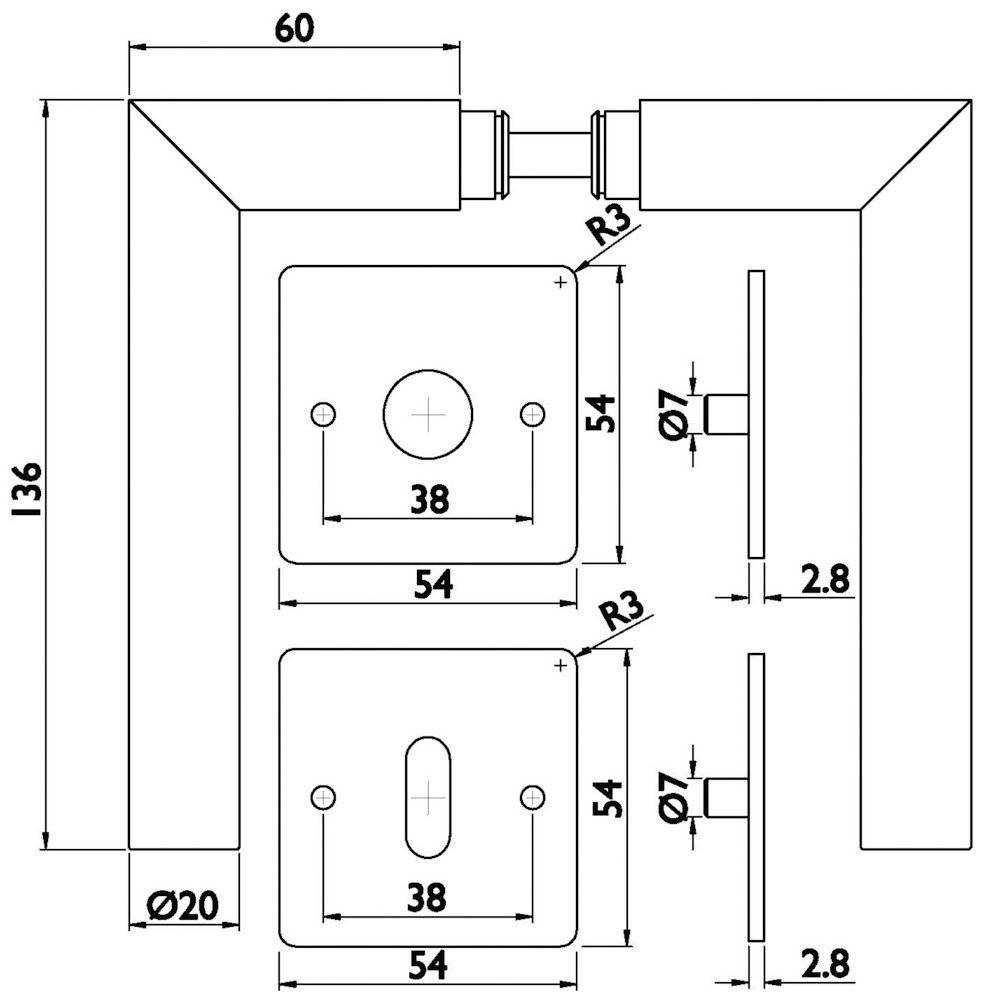 Technische Zeichnung eines Türgriffsets mit Abmessungen: 136x60 mm Gesamtgröße, quadratische Rosetten 54x54 mm und Ø20 mm Griffenden.
