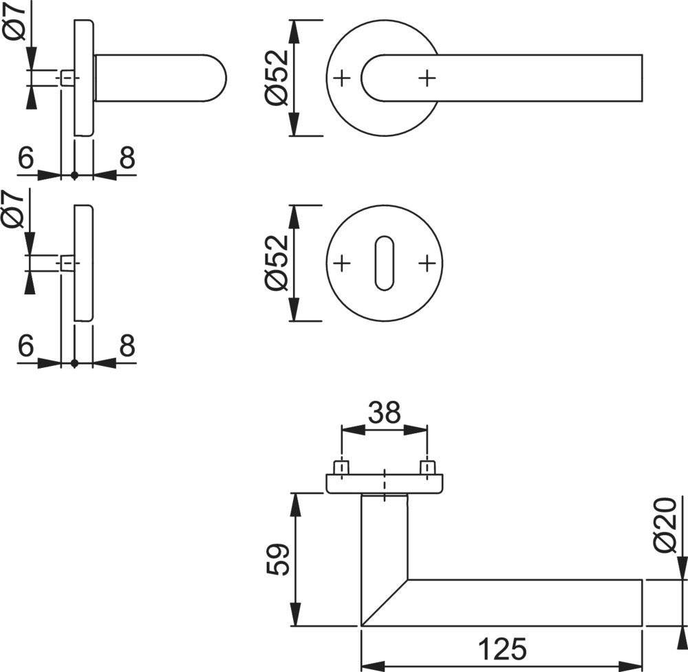 Technisches Diagramm eines Türklinken-Sets mit Abmessungen: Grifflänge 125 mm, Rosettendurchmesser 52 mm, Griffbreite 20 mm, Plattendicke 6 mm.