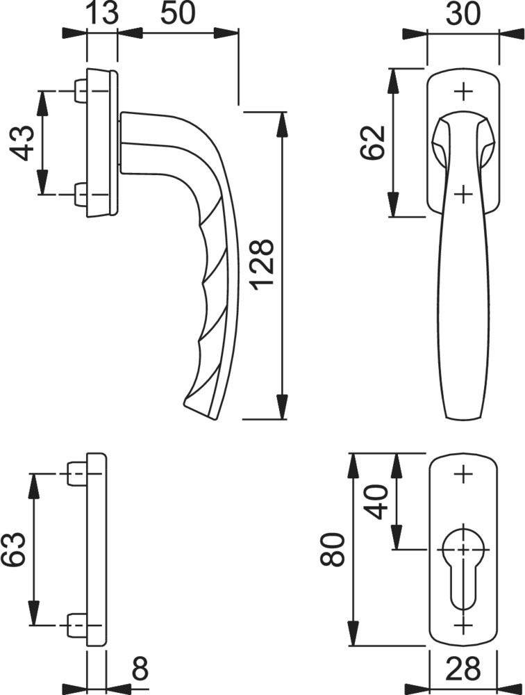 Technische Zeichnung eines gekrümmten Griffs mit Maßen: 128mm Länge, 43mm und 63mm Abmessungen für die Befestigungsplatte sowie Darstellung von Seiten- und Vorderansicht.