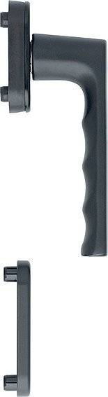 Eine Nahaufnahme eines schwarzen Messergriffsgriffs mit strukturiertem Griff vor einem einfachen Hintergrund.