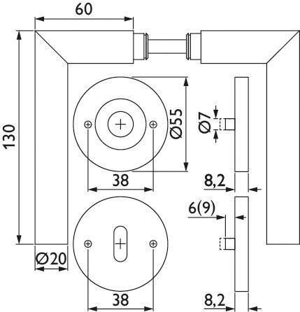 Technische Zeichnung eines Türriegels mit Abmessungen: 60x130mm Hauptkörper, Ø20mm und Ø38mm für Komponenten, Scharnier bei Ø7mm.
