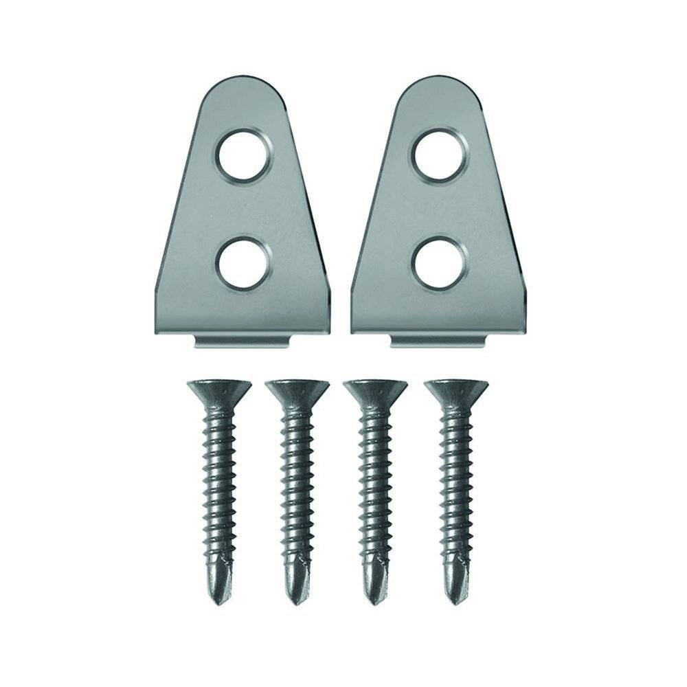 „Zwei Metallwandhalterungen mit Löchern, begleitet von vier Schrauben, unten zur Montage angeordnet.