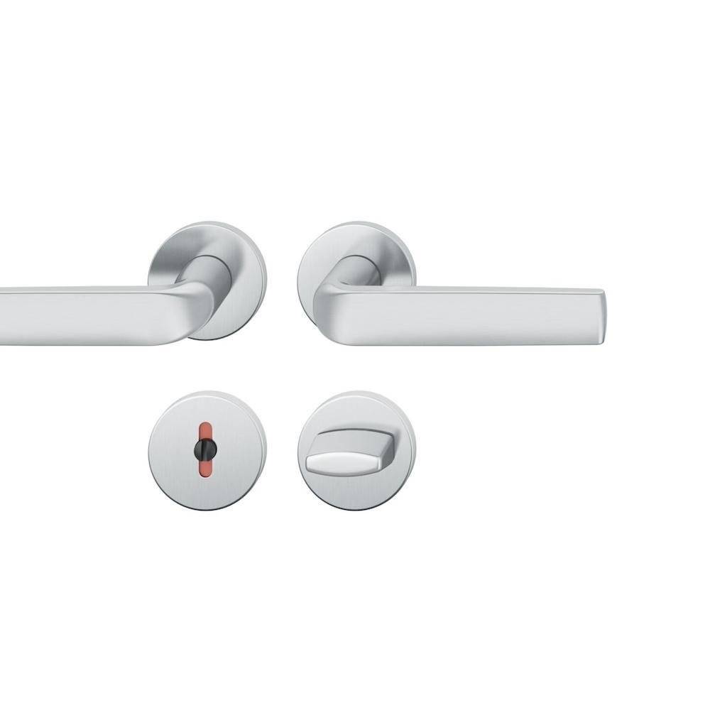 Silberne Türgriffe und passende Schlösser mit rotem Besetzungsanzeiger vor weißem Hintergrund.