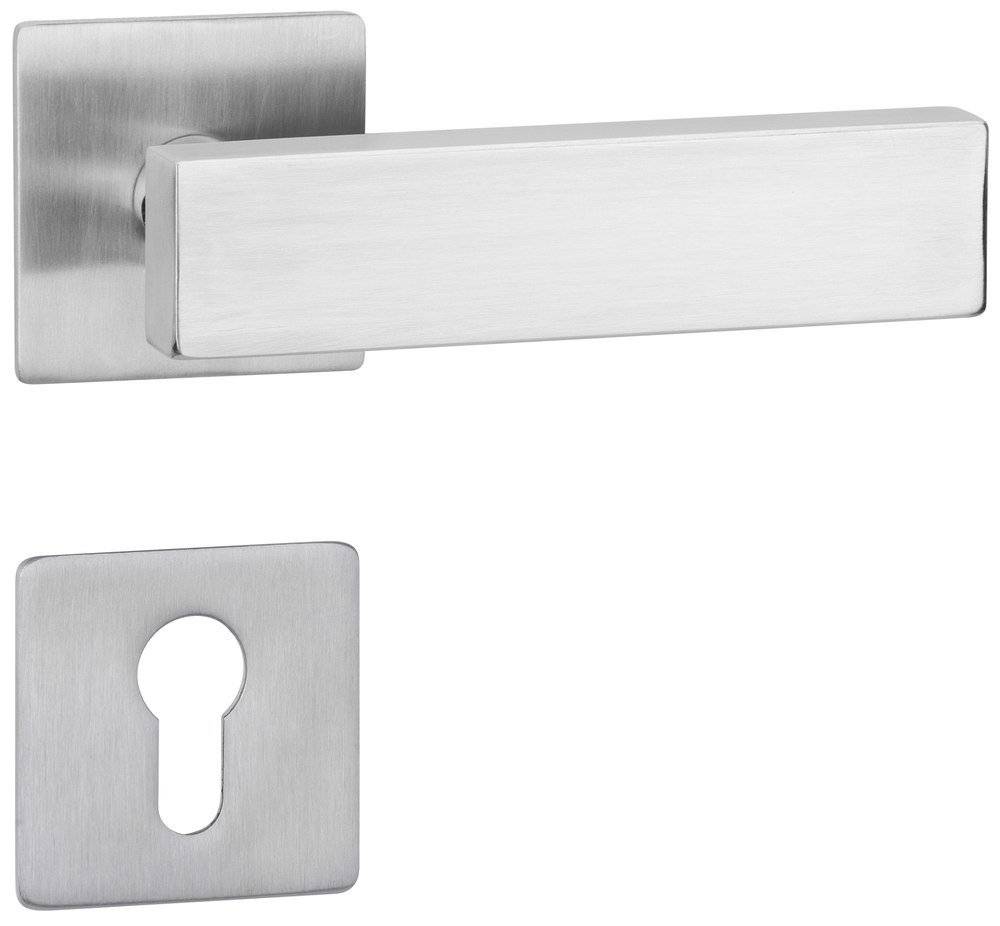 Rechteckiger silberner Türgriff und Schlüsselloch auf einer Metallplatte, geeignet für moderne Innentüren.