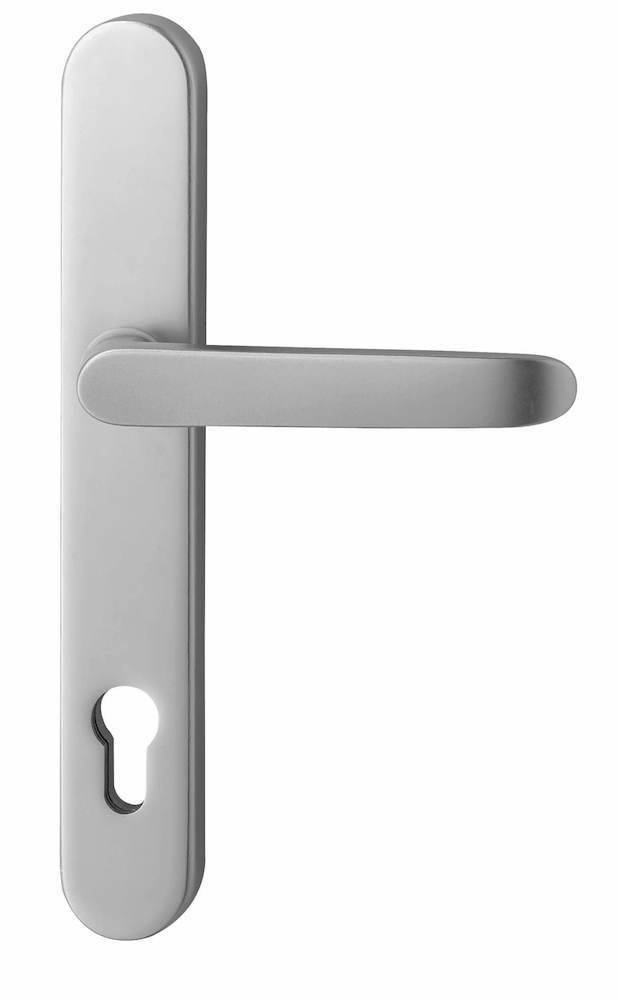 Ein silberner Türgriff auf weißer Oberfläche mit einem Schlüsselloch darunter, geeignet für moderne Innentüren.