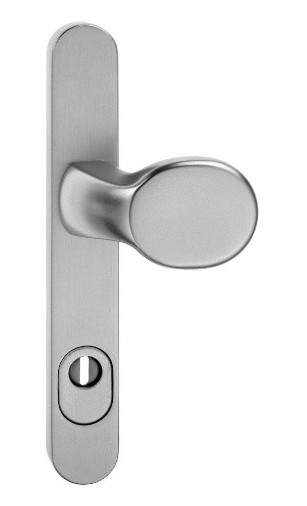 Ein silberner Türgriff, der auf einer vertikalen Metallplatte mit einem Schlüsselloch am unteren Ende montiert ist, entworfen für moderne Innentüren.