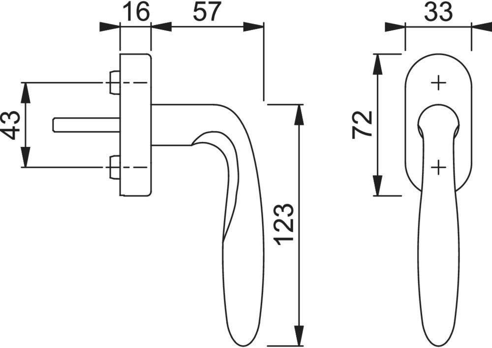 Technische Zeichnung eines Türgriffs. Seitenansicht zeigt Abmessungen: Gesamtlänge 123mm, Griffteil 72mm, Basis 16mm Dicke, 57mm Durchmesser.