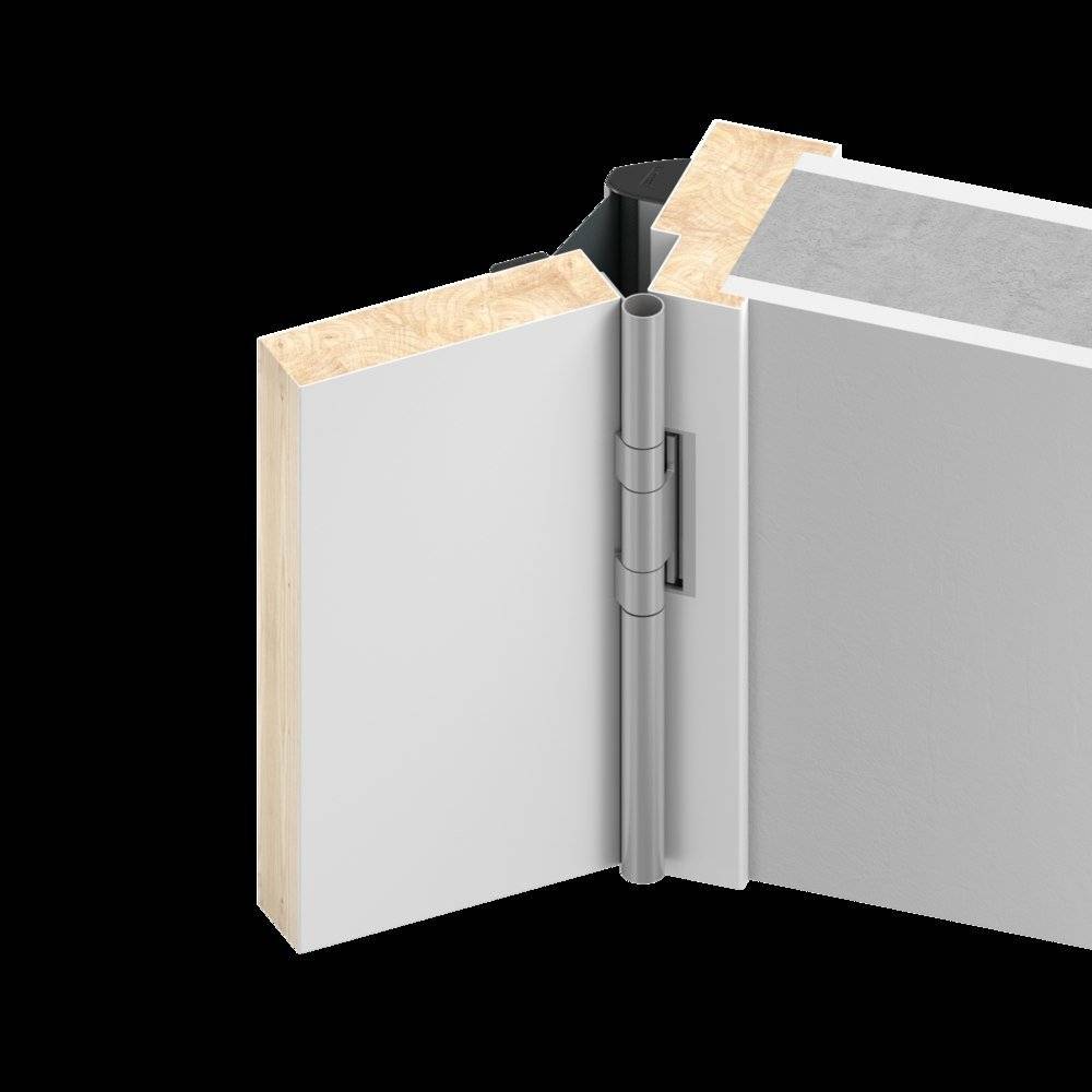 Querschnitt eines Türscharniers, das zwischen einer Tür und einer Wand installiert ist, zeigt Metallscharniermechanismus, Holztürkante und Wandschnitt.