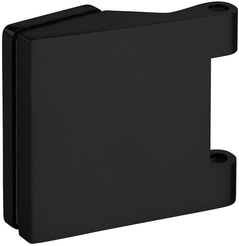 Eine schwarze, rechteckige Metallklammer mit abgerundeten Kanten, die zur Befestigung von Glaspaneelen verwendet wird. Sie hat zwei sichtbare Schraubenlöcher zum Montieren.