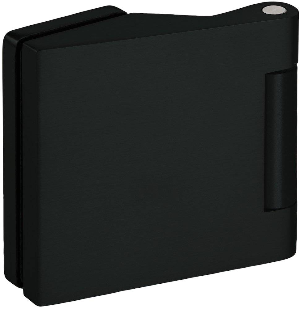 Ein schwarzes Scharnier mit schlankem, modernem Design, charakterisiert durch eine rechteckige Form und glatte Oberflächen, wahrscheinlich für Türen oder ähnliche Anwendungen verwendet.