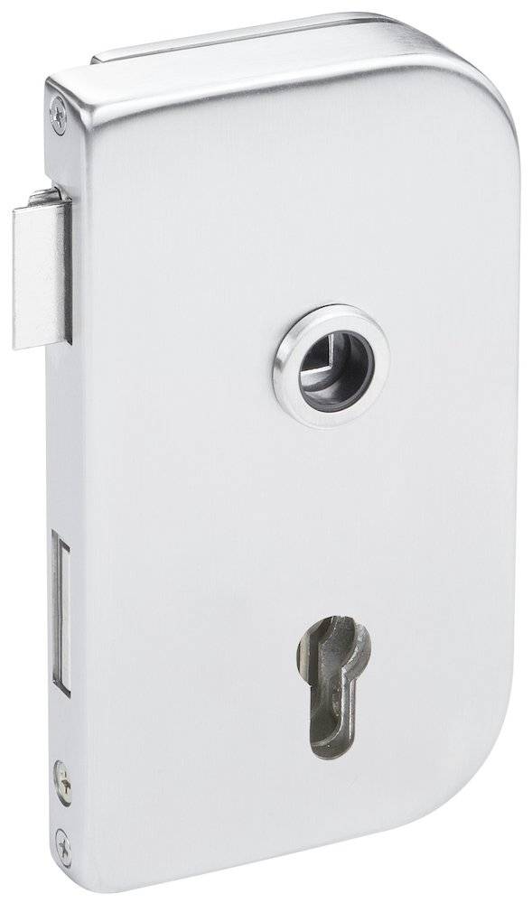 Ein Nahaufnahmebild eines Metallschlosses mit einem kreisförmigen Schlüsselloch und einem seitlich herausstehenden Riegel, das zum Sichern von Türen ausgelegt ist.