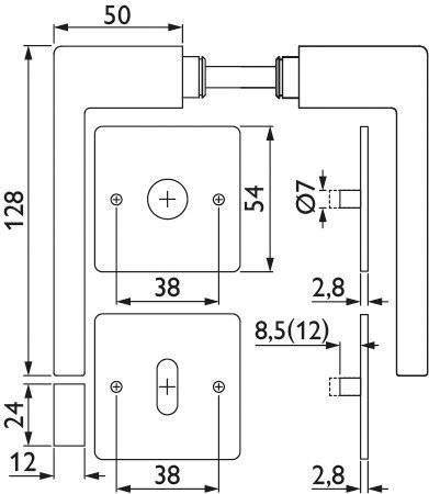 Technische Zeichnung von Türbeschlag, mit Abmessungen: Länge 128mm, Breite 38mm, Plattengröße 54mm und Dicke 2,8mm.