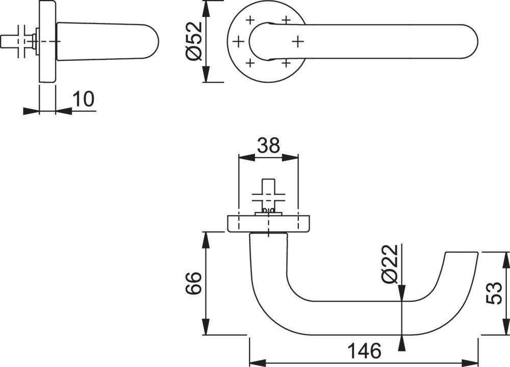 Diagramm eines Türgriffs, Seitenansicht mit Maßen: 13 mm, 45 mm, 66 mm und 136 mm, die Abmessungen für die Installation angeben.