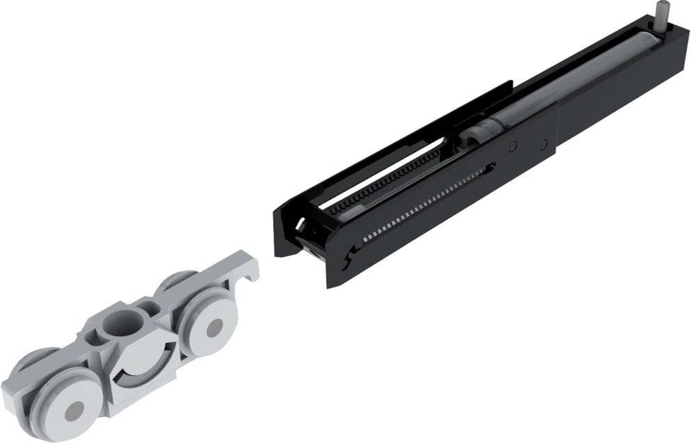 Ein zerlegter Schiebemechanismus, der eine abgelöste Schiene und eine Rolle zeigt, die die Komponenten für eine reibungslose Schiebebewegung demonstriert.