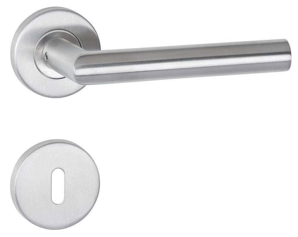 Ein kreisförmiger metallischer Schlüssellochschutz mit modernem Design, ausgestattet mit einem zentralen Schlüssellochausschnitt.