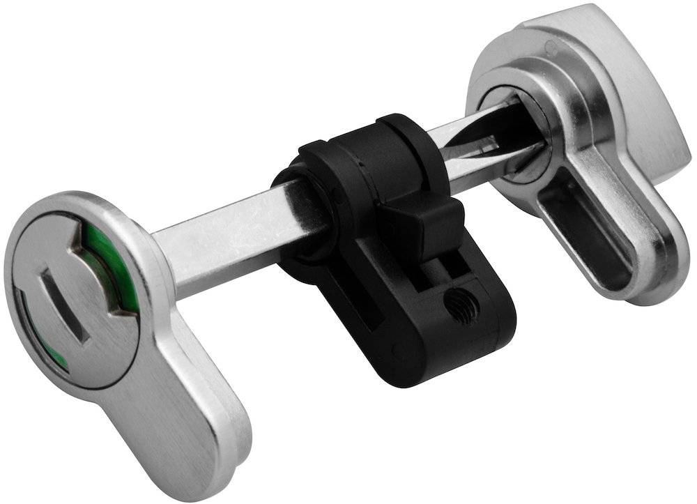 Ein Fahrradschloss mit silbernem Rahmen und schwarzem zentralem Schließmechanismus, das zum Sichern eines Fahrrads konzipiert ist, indem es an einem feststehenden Objekt befestigt wird.