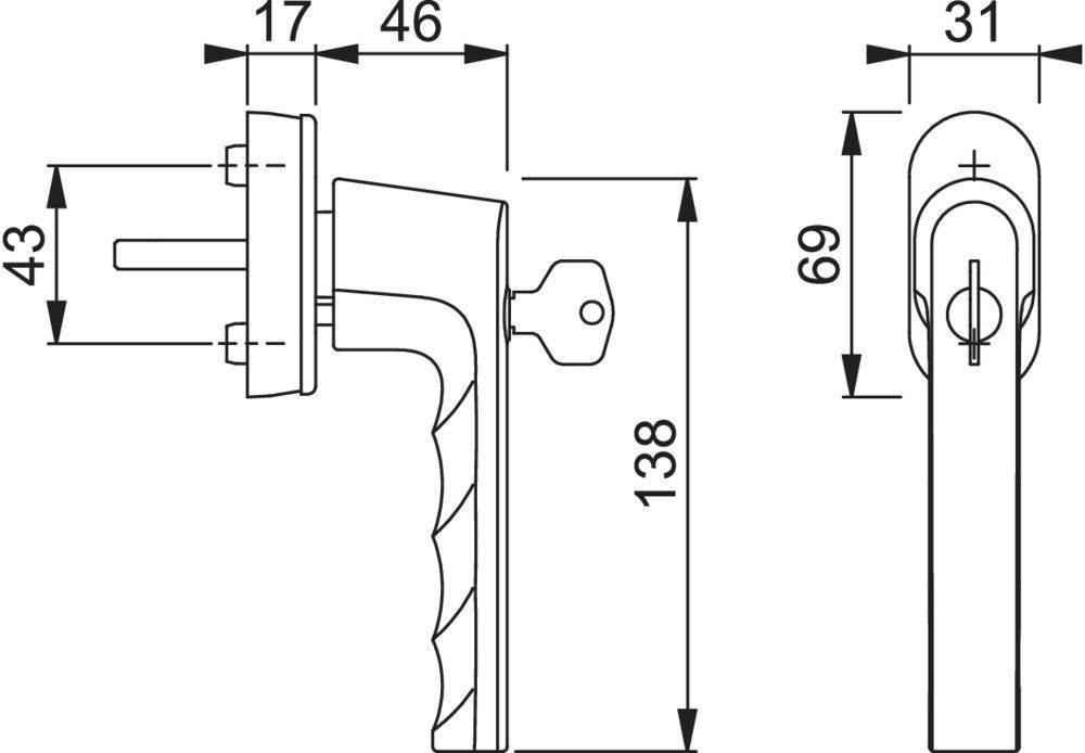 Technische Zeichnung einer Türklinke mit Seitenansicht Abmessungen: 46mm Tiefe, 138mm Höhe. Enthält Details für Schlüsselloch und Wandbefestigung.