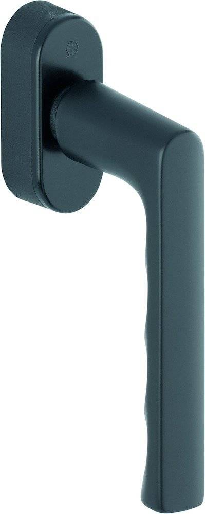 Eine Nahaufnahme eines dunkelgefärbten Türgriffs, die sein elegantes und modernes Design hervorhebt.