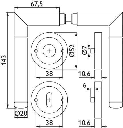 Technische Zeichnung eines Türgriffsets mit Abmessungen. Umfasst zylindrische Komponenten mit Messwerten: 143x67mm Länge, 52mm Durchmesser.