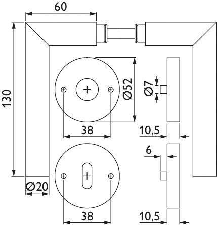 Technische Zeichnung einer Türklinke und eines Schlosssatzes mit Abmessungen in Millimetern, die Dimensionen und Platzierung von Komponenten zeigen.