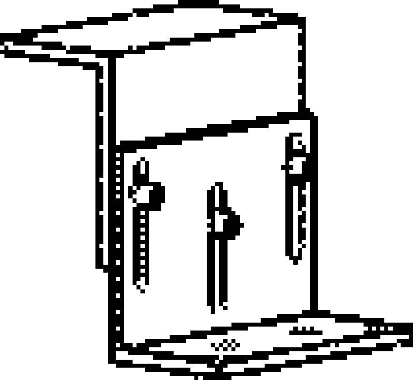 Eine Schwarz-Weiß-Pixel-Art-Illustration eines 3D-Seiten-Symbols mit Schiebereglern, die Optionen oder Einstellungsanpassungen andeuten.