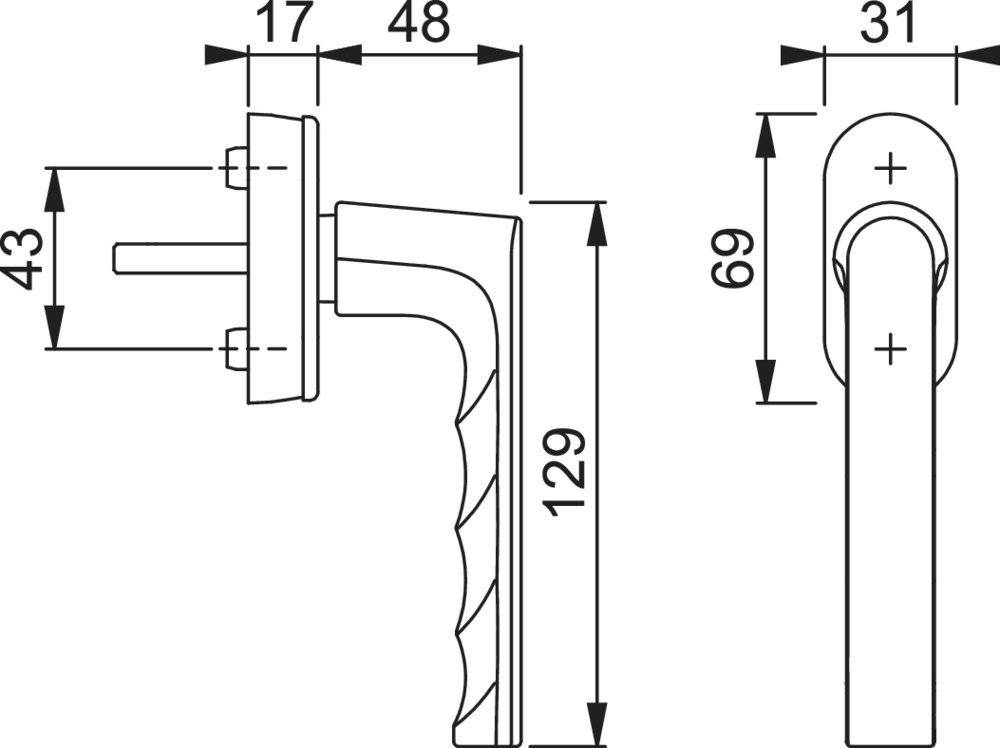 Diagramm mit den Abmessungen eines Türgriffs: 17mm, 48mm, 69mm und 129mm, das spezifische Messwerte für die Installation veranschaulicht.
