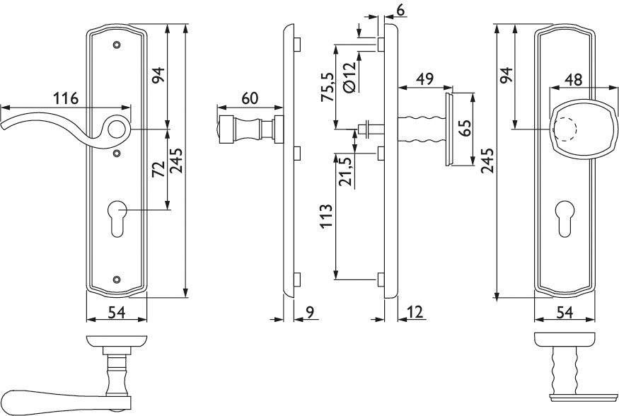 Technisches Diagramm eines Türgriffsets mit detaillierten Abmessungen in Millimetern, einschließlich Länge, Breite und Abstand zwischen Komponenten.