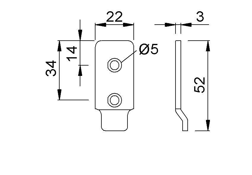 Technische Zeichnung einer Metallhalterung mit Abmessungen: 34mm x 22mm Vorderansicht, 52mm Höhe Seitenansicht, Ø5mm Lochdurchmesser.