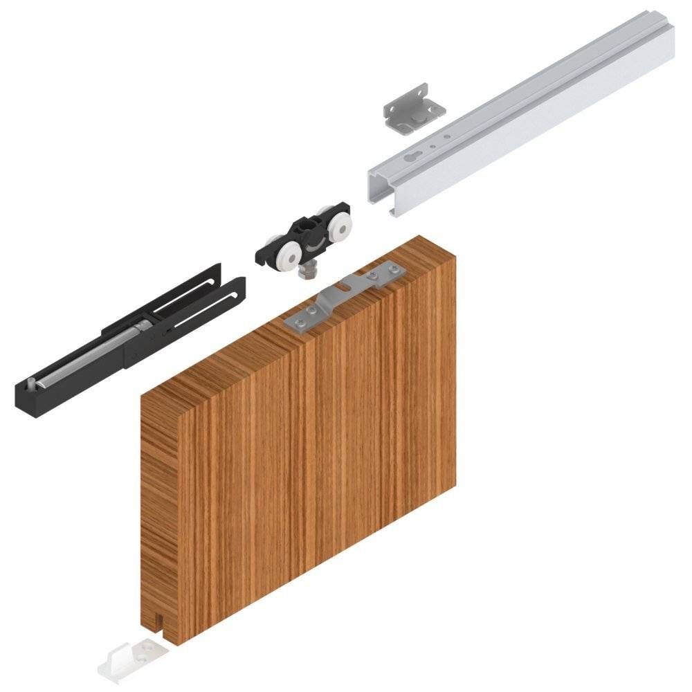 Schiebetürmontage mit Komponenten: Türpaneel, Montageklammern, Schiene, Rollen und Endkappe. Explosionsdarstellung für die Installation.