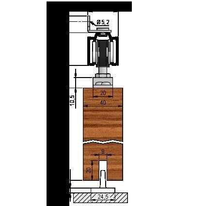 Querschnittsdiagramm eines Schiebetürmechanismus mit Abmessungen in Millimetern, das Rollen-, Halterungs- und Holztürpaneel-Details zeigt.