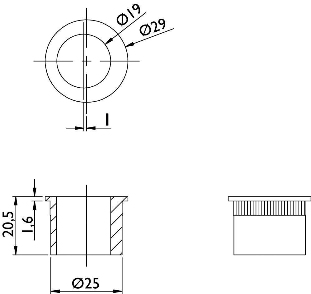 Technische Zeichnung einer zylindrischen Komponente mit Draufsicht und Seitenansicht. Die Abmessungen umfassen Durchmesser von 19 mm, 25 mm, 29 mm und eine Höhe von 1,6 mm.