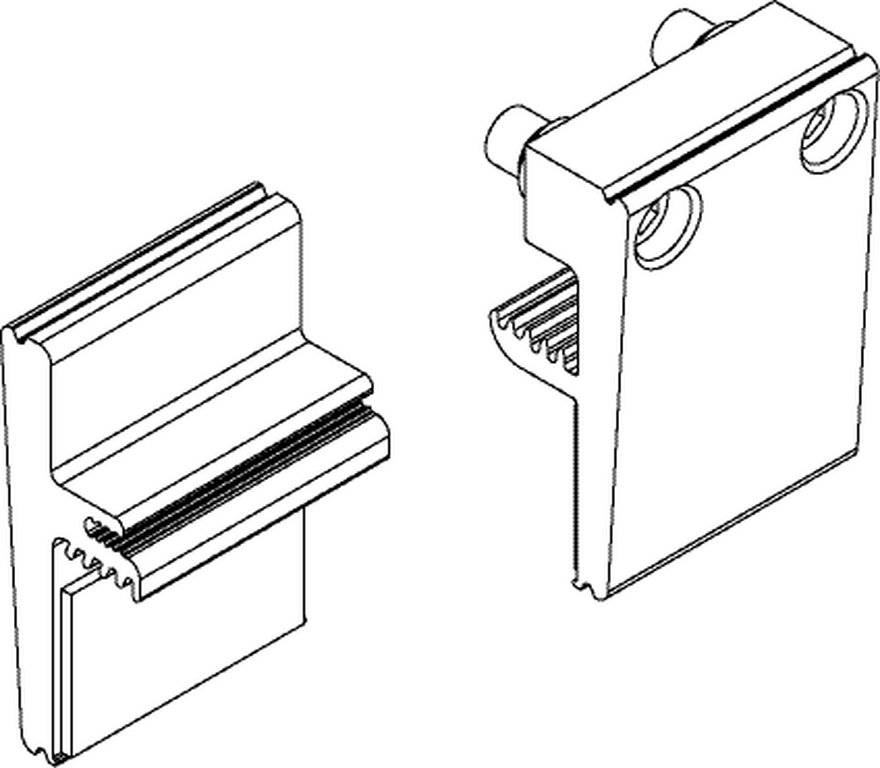 # Technische Illustration mit zwei mechanischen Komponenten mit Nuten und kreisförmigen Bohrungen, wahrscheinlich für industrielle Montage oder technische Konstruktionszwecke.